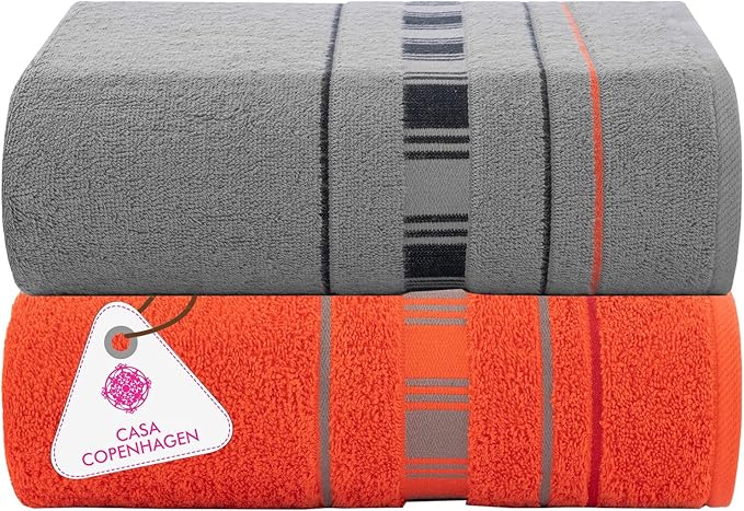 CASA COPENHAGEN X Line 2Pcs 100% Egyptian Cotton Large Designer Bathsheet Towels Gift Set- Silver Grey - Red, 600GSM, 35"x70" 2Bath Sheet Towels for Bathroom (Gift Set for Women & Men)