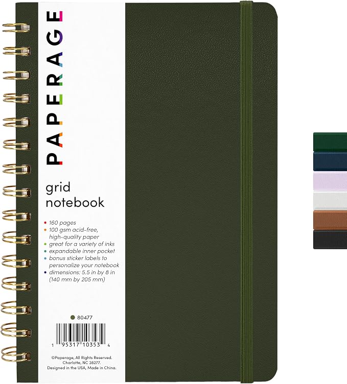 PAPERAGE Graph Paper Spiral Notebook & Journal, (Olive Green), 160 Pages, Medium 5.5 inches x 8 inches - 100 GSM Thick Graphing Paper, Hardcover, Double-Wire Grid Spiral Notebook