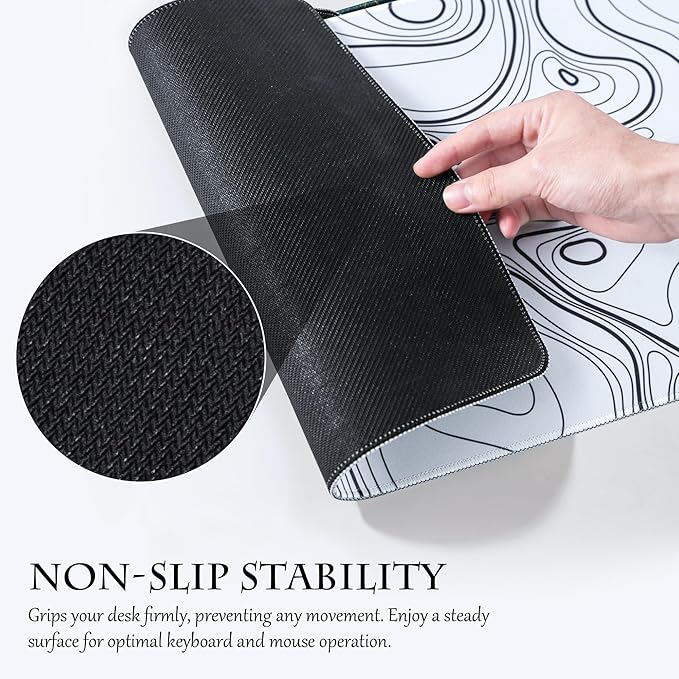 ALOANES Waterproof Mouse Pad with Durable Stitched Edge, XL Gaming Keyboard Pad, Non-Slip Rubber Base, Extended Desk pad for Gamer, Office & Home, White Topographic Map Mousepad 31.5"x 11.8"x 0.12"