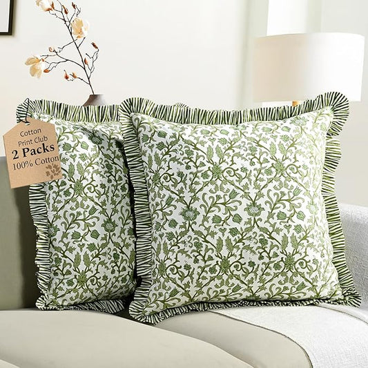 CPC Meadow Vine Hand Block Print 100% Cotton Ruffle Throw Pillow Cover 20x20 inch with Hidden Zipper Decorative for Couch, Bed, Sofa, Farmhouse, Cottagecore Decor Gift Christmas Fall Thanksgiving