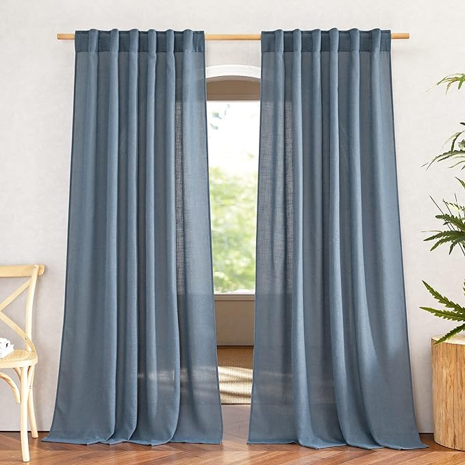NICETOWN Stone Blue Linen Curtains 108 inches Long, Rod Pocket & Back Tab Flax Linen Burlap Semi Sheer Privacy with Light Filtering Window Treatments for Bedroom, W52 x L108, 2 Panels