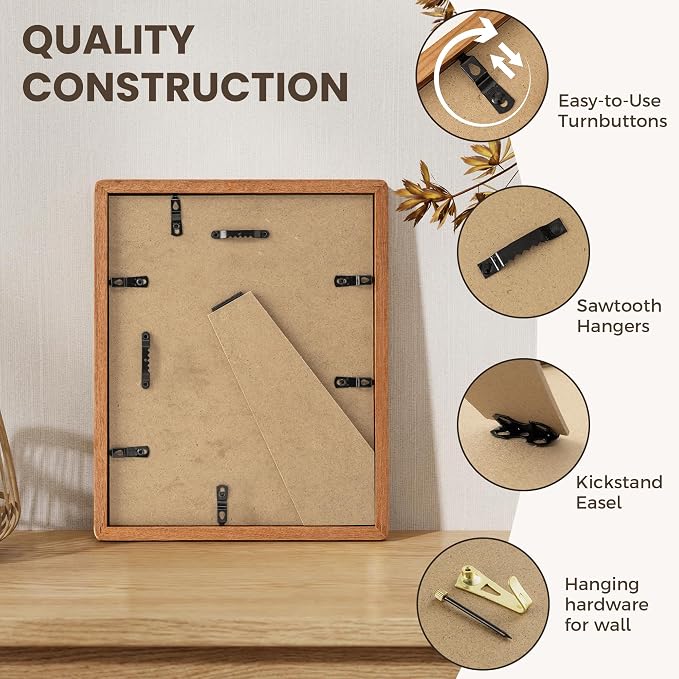 8.5x11 Picture Frame, USA-Sourced Teak Wood Picture Frame, 8.5x11 Certificate Frame with High Tempered Glass, 8.5 by 11 Diploma Frame Matted to 6x8 Photo for Wall & Tabletop Display, 1 Pack