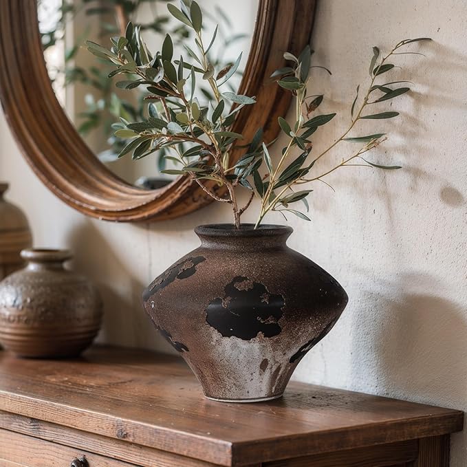 Rustic Wabi Sabi Rusty Vintage Vase - 6.7'' Wabi Sabi Decorative Farmhouse Pottery Flower Vase, Brown Ceramic Vases for Home Decor, Table, Centerpiece, Shelf, Entryway, Living Room, Bedroom, Bathroom