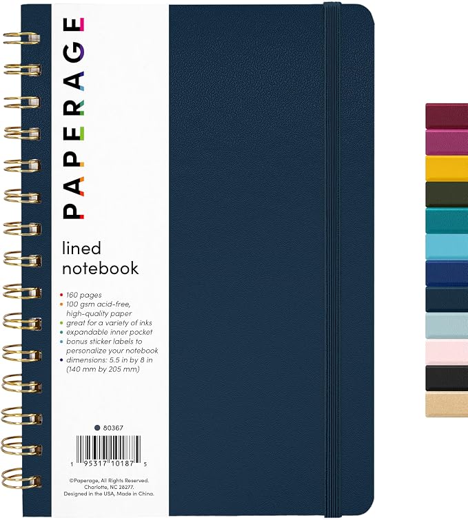 PAPERAGE Lined Spiral Journal Notebook, (Navy), 160 Pages, Hardcover Journal for Women & Men, Medium 5.5 in x 8 in - 100 GSM, Thick Paper, Spiral Notebook for Work, School & Journaling