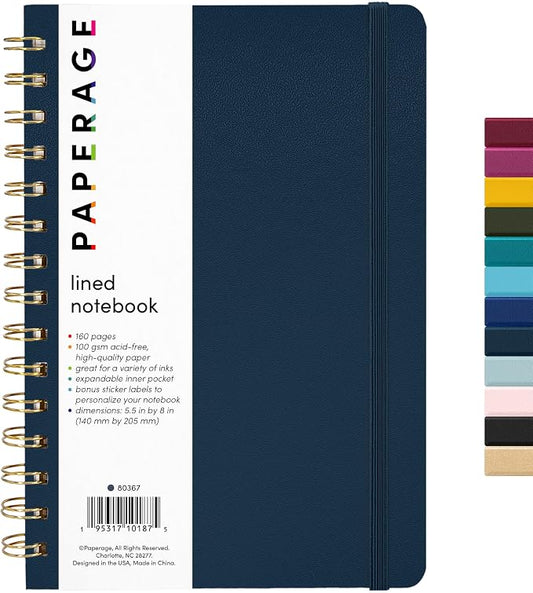 PAPERAGE Lined Spiral Journal Notebook, (Navy), 160 Pages, Hardcover Journal for Women & Men, Medium 5.5 in x 8 in - 100 GSM, Thick Paper, Spiral Notebook for Work, School & Journaling