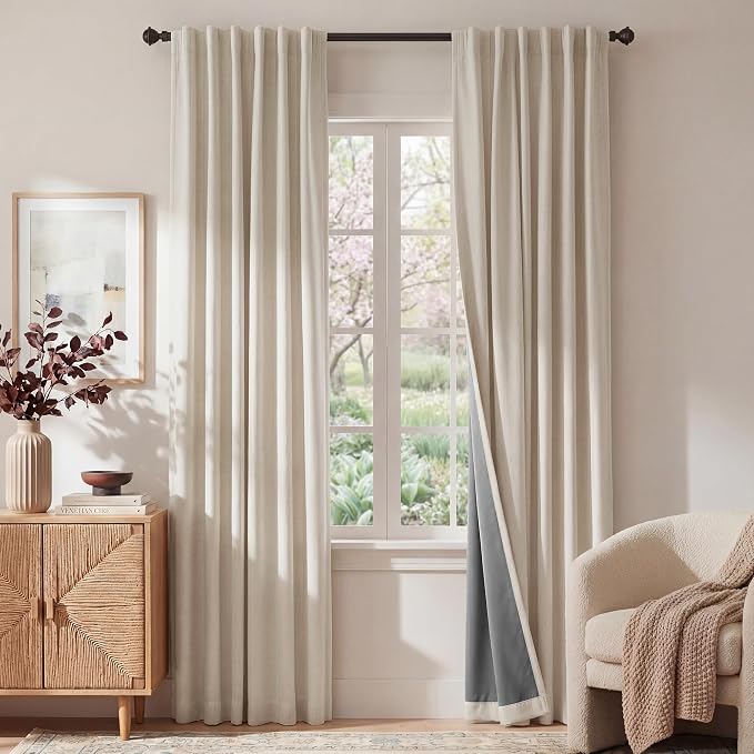 RYB HOME Warm Sand 100% Blackout Curtains for Bedroom, Linen Drapes Back Tab&Rod Pocket, Thermal Insulated Privacy Assurd Curtains for Sliding Glass Doors/Dining/Living Room, W52 x L102, 2 Panels