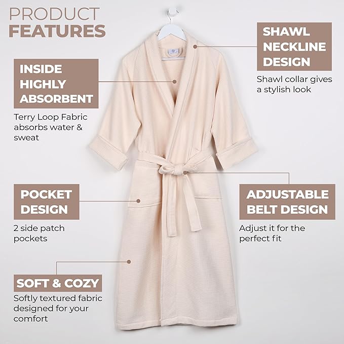 Superior Waffle Weave Cotton Unisex Bathrobe with Belt, Soft and Absorbent Robe for Men and Women Bath Essentials Robes