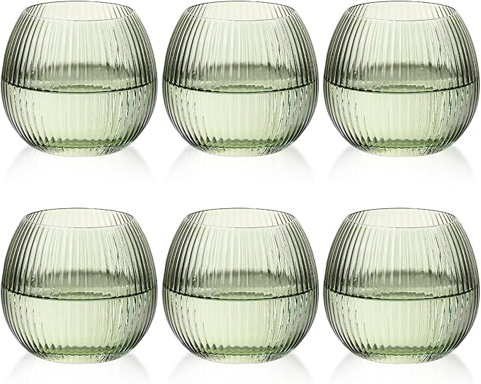 JOVGANK Green Ribbed Drinking Glasses Set of 6-10.8 OZ Stemless Wine Champagne Whiskey Cocktail Glass, Reusable Wine Cups for Home Party Wedding Bar