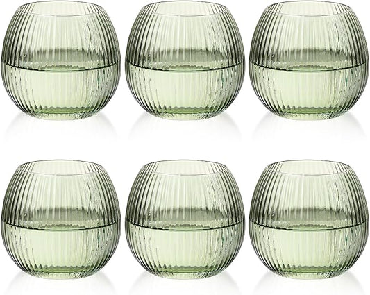 JOVGANK Green Ribbed Drinking Glasses Set of 6-10.8 OZ Stemless Wine Champagne Whiskey Cocktail Glass, Reusable Wine Cups for Home Party Wedding Bar