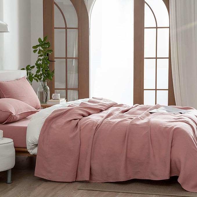 EVERLY Linen Twin Sheets Set, 100% Stonewashed French Linen Bed Sheets Deep Pocket Sheets, 3 Pieces (1 Flat Sheet, 1 Fitted Sheet, 1 Pillowcase) Natural Flax Bedding Set,Pink