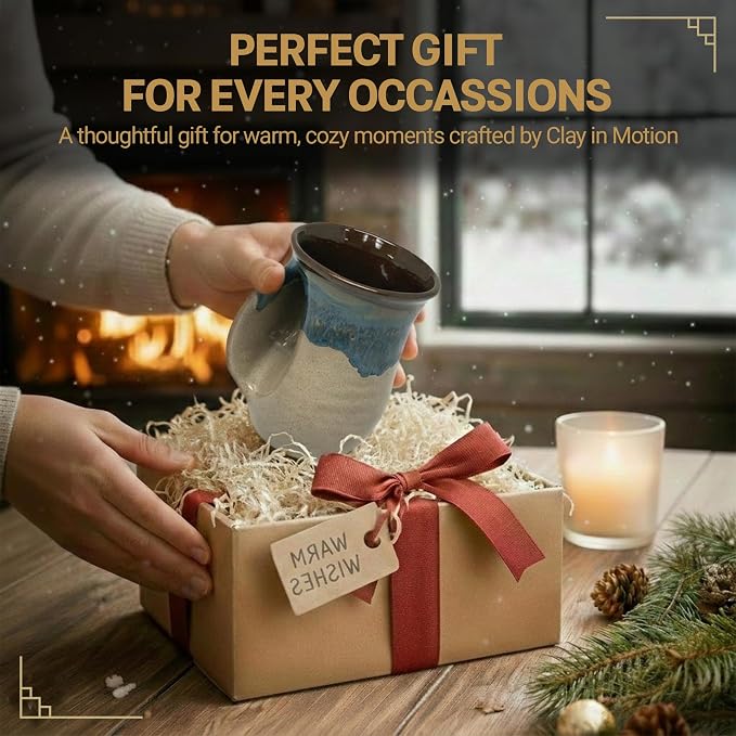 Clay in Motion Hand Warmer Coffee Mug – Handmade Coffee Mug With Comfortable Handle Contoured Pocket Hand Warming Ceramic Coffee Mug – Proudly Made in USA – Left Handed – 14 Oz - Mudslide