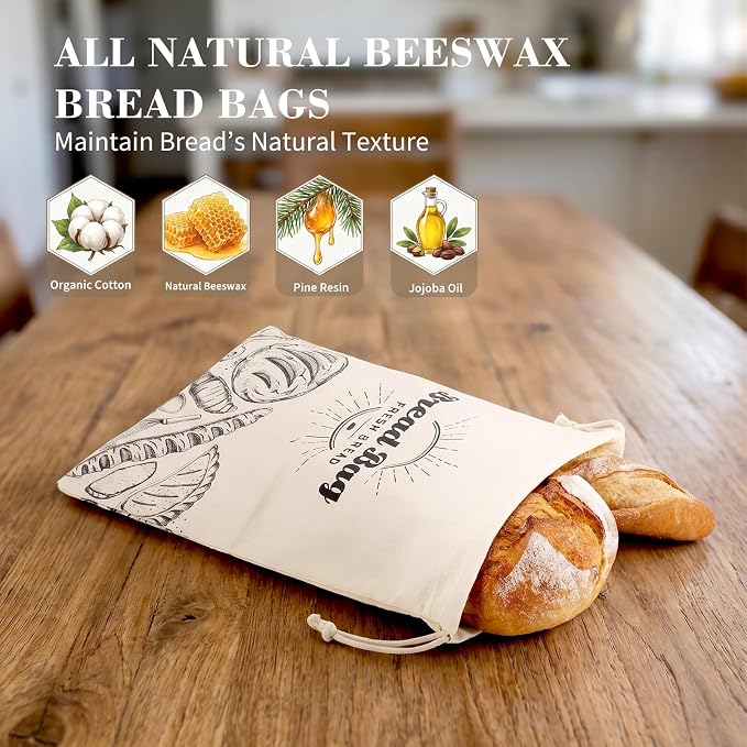 2 Pack Beeswax Bread Bag for Sourdough, Reusable Organic Bread Storage Bags for Homemade Bread, 16.2'' x 12.4'' Food Storage Cloth Bag, Eco-Friendly Cotton Waxed Bags for Bakery Essentials