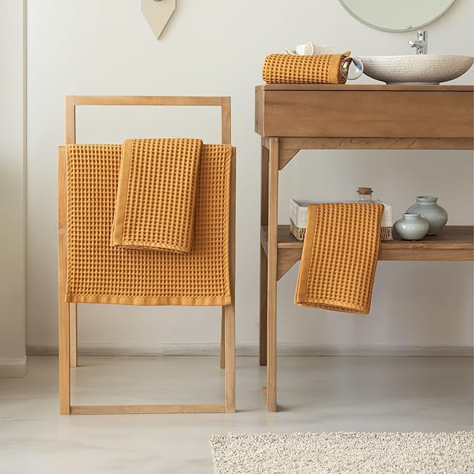 Premium Waffle Hand Towels Pack of 4 Extra Large 20x35 inch - 100% Turkish Cotton, Waffle Weave, Quick Dry, Lint Free, Super Absorbent, Thin Hand Bath Towel (Caramel, Set of 4 Hand Towels)
