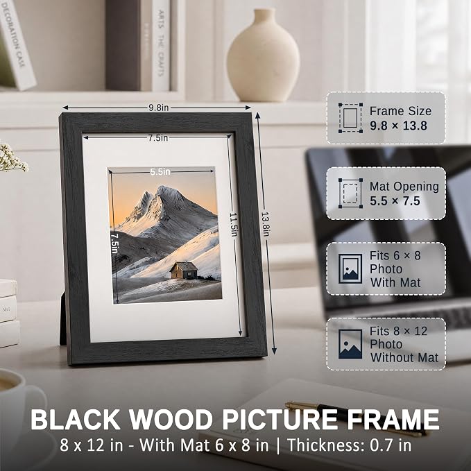 VCK 8x12 Picture Frames Black - 3 Pack, Wide Border Solid Wood, Tempered Glass, Display 6x8 Photo with Mat or 8 x 12 Without, for Home, Office, Gallery, Woodgrain Series, Tabletop & Wall Hanging