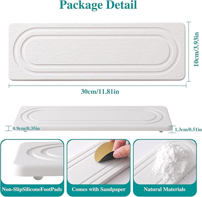 2PCS Water Absorbing Stone Tray for Sink, Quick Drying Diatomite Bathroom Tray Countertop, Stone Drying Mat for Kitchen Counter Faucet, Soap Dish Dispenser Vanity Organizer, White-11.8" x 4"