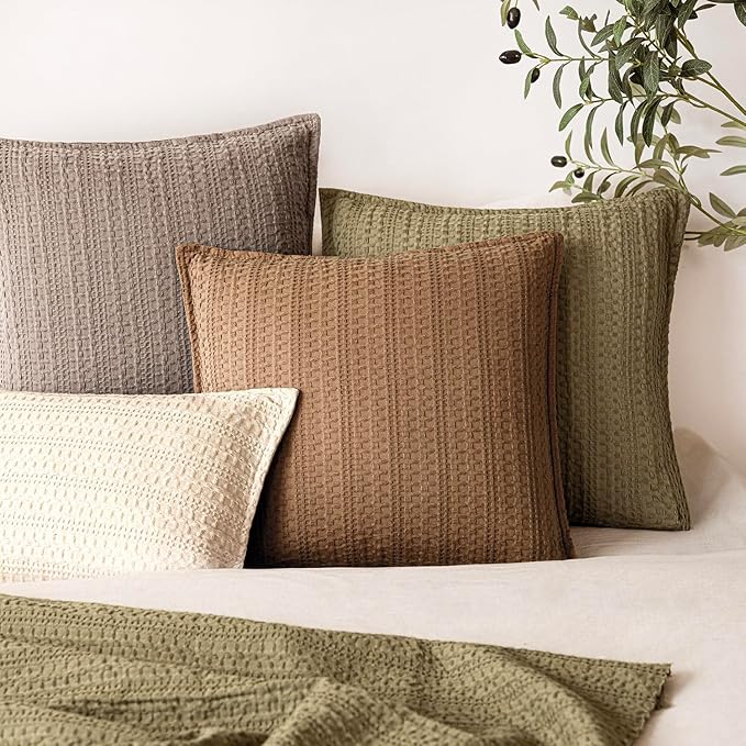Foindtower Set of 2 Decorative Cotton Waffle Weave Lumbar Throw Pillow Covers Euro Shams Cushion Covers Accent European Pillowcase for Bed Couch Bedroom Living Room Home Decor 12×20 Inch Orange Brown