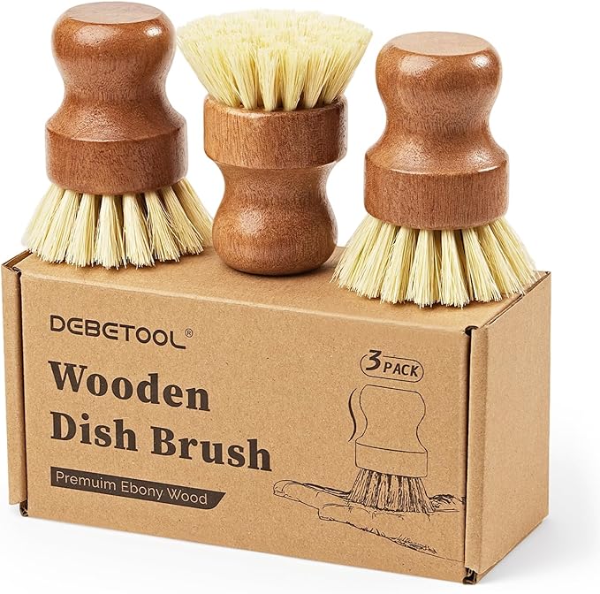 DEBETOOL 3-Pack Wooden Dish Brush - Natural Dish Scrubber & Vegetable Brush with Sisal Bristles, Kitchen Scrub Brush for Pots Pans & Vegetables