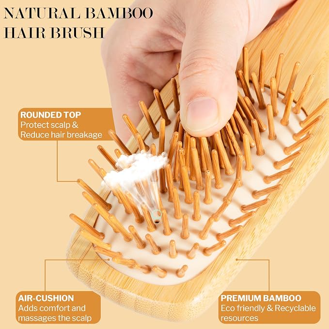 BFWood Bamboo Hair Brush Set, 3 PCS Natural Wooden Combs Paddle Detangling Hairbrush, Traveling Rat Tail Comb and Mini Paddle Brush for Women & Men