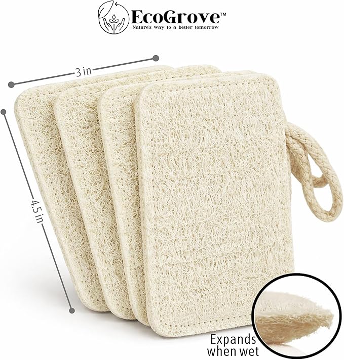 Natural Loofah Dish Sponges 4 Pack – 100% Plant-Based Luffa Scrubber for Dishes, Pots & Nonstick Pans – Compostable, Non-Scratch Kitchen Sponge for Sink, Tile & Everyday Cleaning