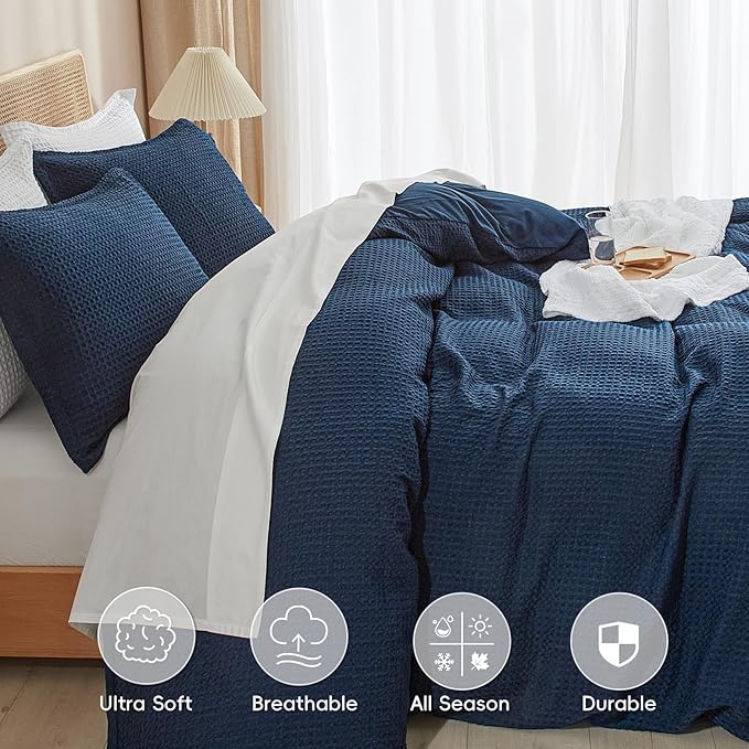 PHF Waffle Weave Duvet Cover Set King Size, No Snagging Ultra Soft Luxury Textured Breathable Comforter Cover for All Season 3pcs, Durable Bedding Duvet Set with 2 Pillow Shams, 104"x90", Navy Blue