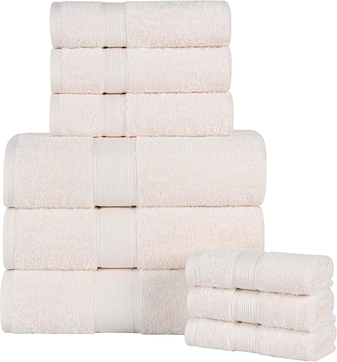 Superior 100% Organic Cotton 9-Piece Towel Set, Includes 3 Bath Towels, 3 Hand Towels, 3 Face Towels/Washcloth, Daily Use, Bathroom, Guest Bath, Absorbent, Home Essentials, Oregon Collection, Ivory