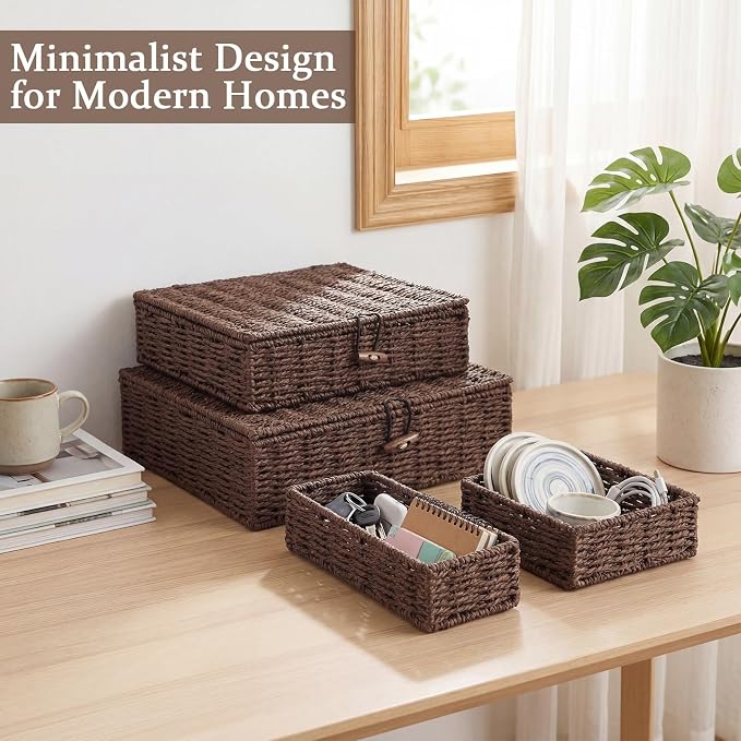 Newtay Set of 4 Woven Wicker Storage Baskets with Lids, Decorative Storage Boxes Lidded Rattan Organizer Bin Home Decor for Shelf, Coffee Table, Closet, Bathroom, Living Room