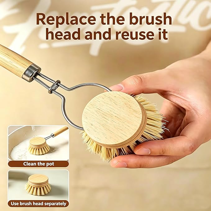 Bamboo Dish Brush with 3 Replacement Heads, Plastic-Free Kitchen Scrub Brush with Long Handle, Natural Sisal Bristle Bamboo Brush for Pans, Dishes, Pot,Veggie and Fruit
