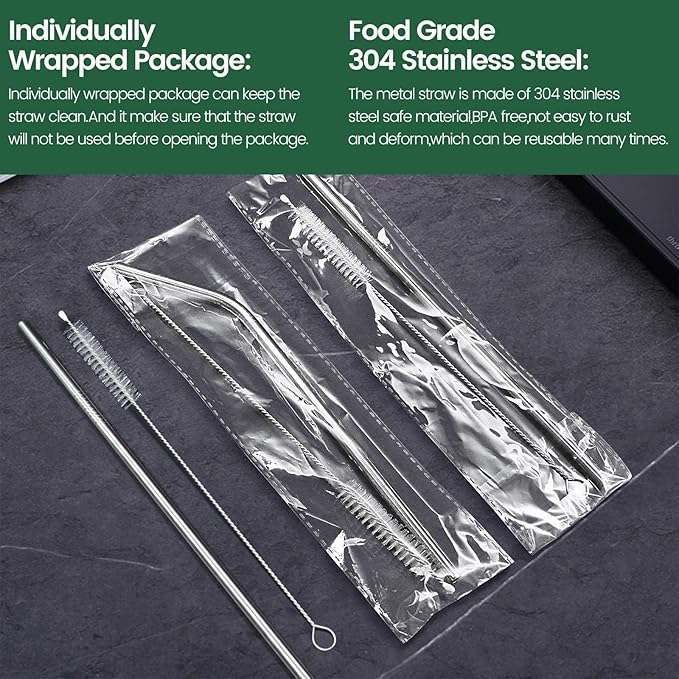 16 Pack 8.5 Inch Reusable Stainless Steel Straws Individually Wrapped,8 Bent + 8 Straight + 16 Cleaning Brushes,Cold Drinking Stainless Steel Straws