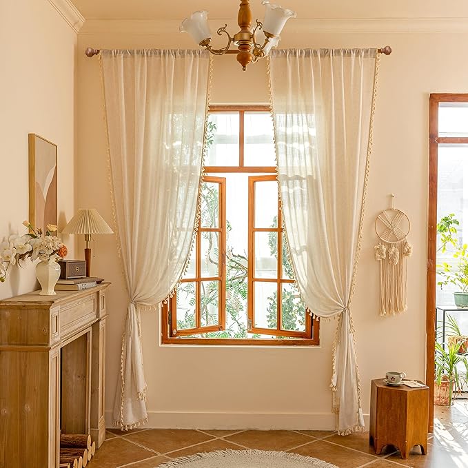 MYSKY HOME Linen Tassels Curtains for Living Room Bedroom, Semi Sheer Drapes 84 inches Length Farmhouse Boho Style Back Tab Macrame Drapes for Sliding Glass Door, Linen, 50" W×84" L, 2 Panels