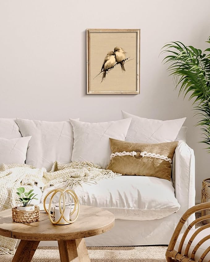 Vodefoad Vintage Love Birds Sketch Wall Art, Neutral Romantic Art, Cottage Valentine Spring Bird Canvas Painting, Romantic Country Style Interior Design Wall Decor for Bedrooms, Nurseries, Gallery, Bathroom - 8x10Inch Unframe