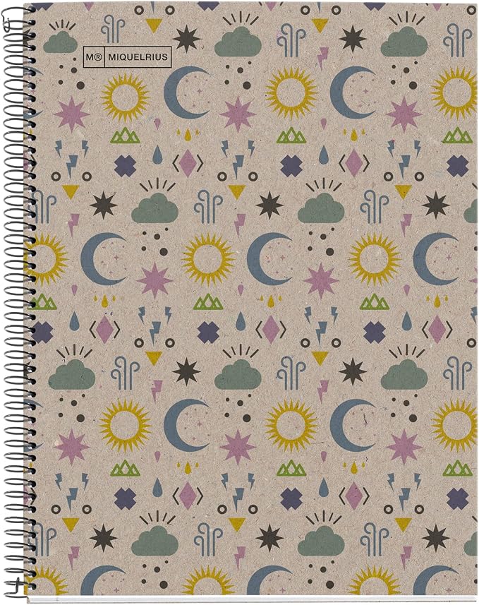 Miquelrius - 100% Recycled Notebook Notebook, 1 Colour Stripe, A4, 80 Sheets of 5 mm, 80 g Paper, 4 Drills, Recycled Cardboard Cover, Eco Moon Design