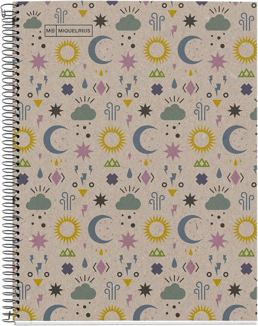 Miquelrius - 100% Recycled Notebook Notebook, 1 Colour Stripe, A4, 80 Sheets of 5 mm, 80 g Paper, 4 Drills, Recycled Cardboard Cover, Eco Moon Design