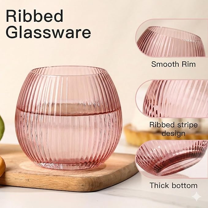 JOVGANK Pink Ribbed Drinking Glasses Set of 6-10.8 OZ Stemless Wine Champagne Whiskey Cocktail Glass, Reusable Wine Cups for Home Party Wedding Bar