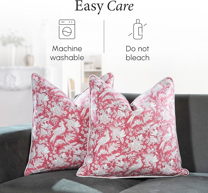 CPC 100% Cotton Throw Pillow Covers 20x20 Inch, Set of 2 Pink Block Print Pattern Couch Pillow, Cute Boho Decorative Pillows for Living Room, Bedroom with Hidden Zipper- Pink Coral