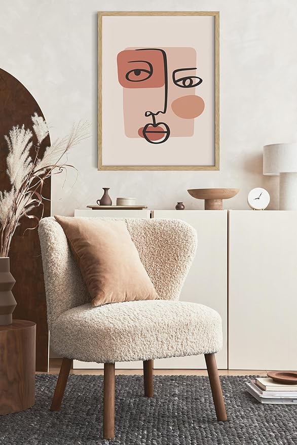 Abstract Face Wall Art Continuous Line Drawing Organic Shapes Earth Tones Terracotta Mid Century Modern 16x20 Inch Oak Wood Beige Framed Minimalist Portrait for Bedroom Decor