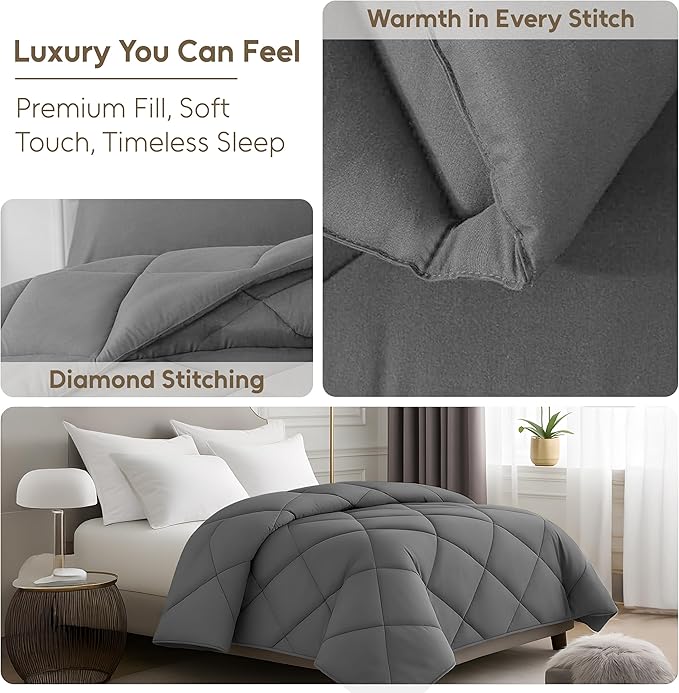 LUX Décor Lightweight Comforter Queen Size - Soft Breathable Down Alternative Diamond Stitched, All Season Grey Comforter with Double Stitched Piping, Oeko-TEX