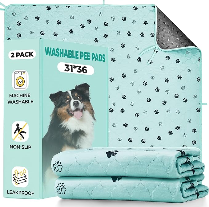 Fostanfly Washable Pee Pads for Dogs, 2 Pack Large 31"x36" Ultra-Absorbent and Leak-Proof Non-Slip Reusable Potty Training Pads for Dogs, Cats, Puppy, Potty of Add 8 Lanyards, Green