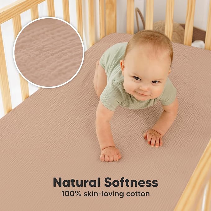 KeaBabies 2-Pack Muslin Crib Sheets for Boys, Girls - 100% Organic Cotton Fitted Baby Crib Mattress Sheet, Soft Breathable Standard Toddler Bed Cover Bedding Set, Neutral, Durable 52x28 (Almond)
