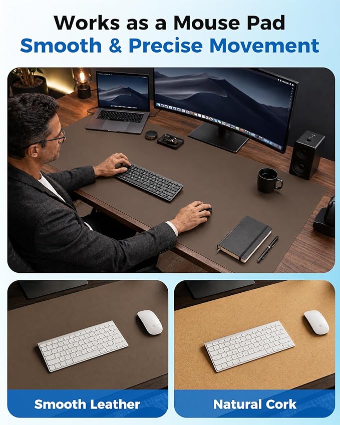 Aothia Cork Desk Mat - Dual-Sided XL PU Leather Desk Pad & Full Desk Protector, Large Waterproof Desktop Mat for Office & Gaming (47" x 23.6", Coffee)