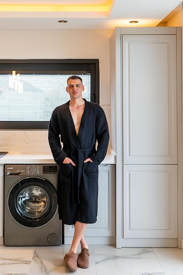 Muslin Unisex Bathrobe Women & Men, 100% Cotton Kimono Lightweight Robe | Long Robes Soft, Absorbent, Spa robes