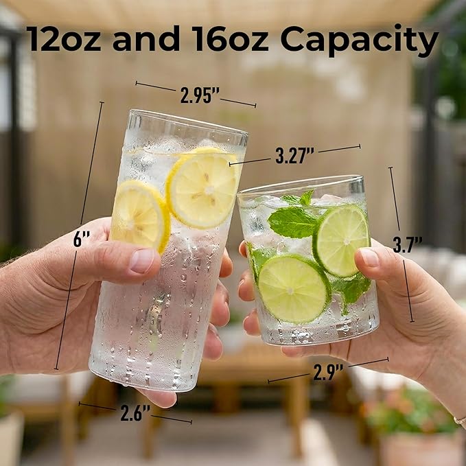 Zulay Kitchen Plastic Drinking Glasses (Set of 16) – Mixed 16oz & 12oz Acrylic Shatterproof Cups for Home, Kitchen & Outdoors – Crystal Clear Glass Look – BPA & Lead-Free – Top-Rack Dishwasher Safe