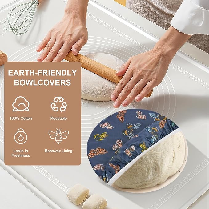 Reusable Bowl Covers for Bread Proofing - Beeswax Bowl Covers Reusable 3 Set, Cotton Blend Stretch Design, Fits 4-13 Inch Bowls, Shower Caps for Sourdough Bread（Butterfly）