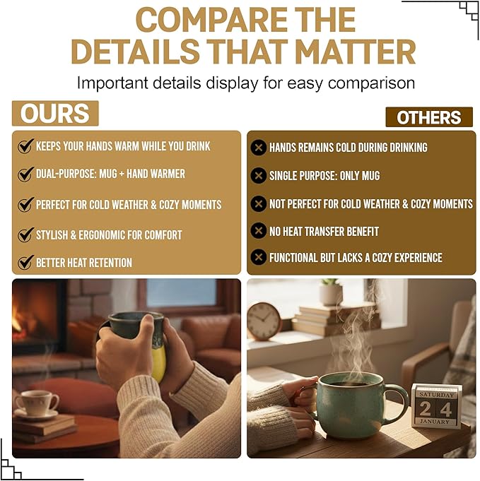 Clay in Motion Hand Warmer Coffee Mug – Handmade Coffee Mug With Comfortable Handle Contoured Pocket Hand Warming Ceramic Coffee Mug – Proudly Made in USA – Left Handed – 14 Oz - Yellow Black