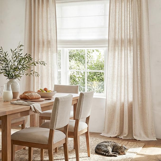 jinchan Beige Linen Blend Curtains 96 Inches Length 2 Panels Floor to Ceiling Curtains for Bedroom Living Room, Semi Sheer 50 Inches Wide Natural Farmhouse Drapes Rod Pocket Back Tab (50W x 96L, Ecru)