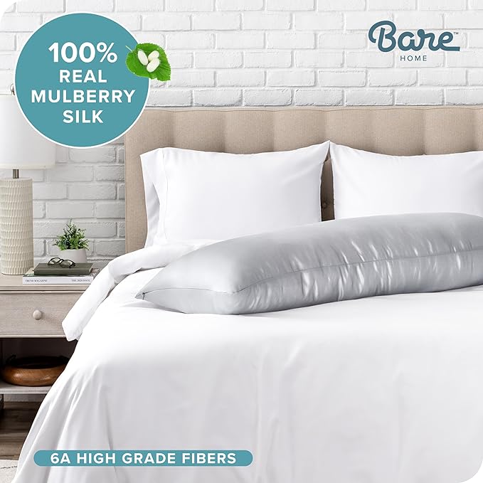 Bare Home 100% Mulberry Silk Pillowcase for Hair and Skin - Ultra Premium 6A Grade 19 Momme Silk Pillow Case - Hidden Zipper - Breathable Cooling Pillow Cover (Body, Silver)