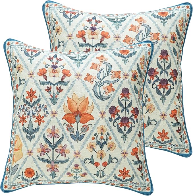 ISAENNE Design Square Linen Throw Pillow Covers 18"x18" Pack of 2, Blue Floral Country Cushion Covers with Colorful Wildflower Pattern Decor Pillowcases for Bed,Living Room,Outdoor,Car