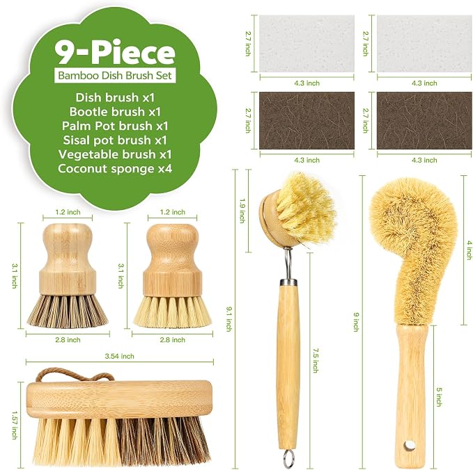 GREENTH PRO 9-Piece Bamboo Dish Brush Set with Natural Coconut Sponges | Dish Brush,Coconut Bottle Brush,Natural Kitchen Cleaning Set
