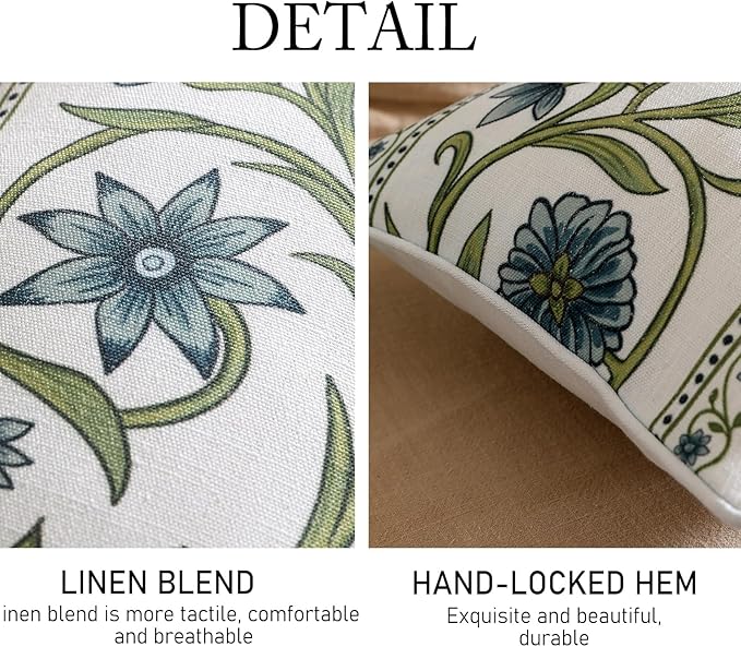ISAENNE Design Fresh Linen Lumbar Throw Pillow Covers 12"x20" Pack of 2, French White Cottage Cushion Covers with Green Branches Pattern Decoration Pillowcases for Bed,Living Room,Outdoor,Car