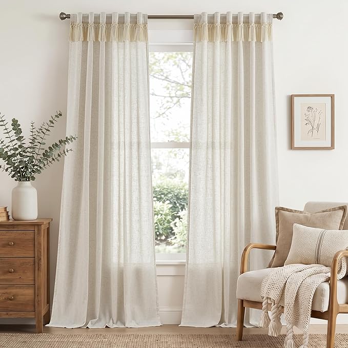 jinchan Linen Curtains for Living Room Bedroom Light Filtering Semi Sheer Curtains Boho Farmhouse French Country Cottage Core Decor Window Drapes Back Tab 96 Inch Length Tassel Beige
