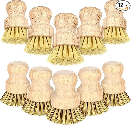 12 Pcs Bamboo Dish Brush, Wooden Scrubber Sisal Bristle Kitchen Wood Brushes for Cleaning Mini Dish Scrubber for Food Pan Pot Sink Fruit and Vegetable Wash